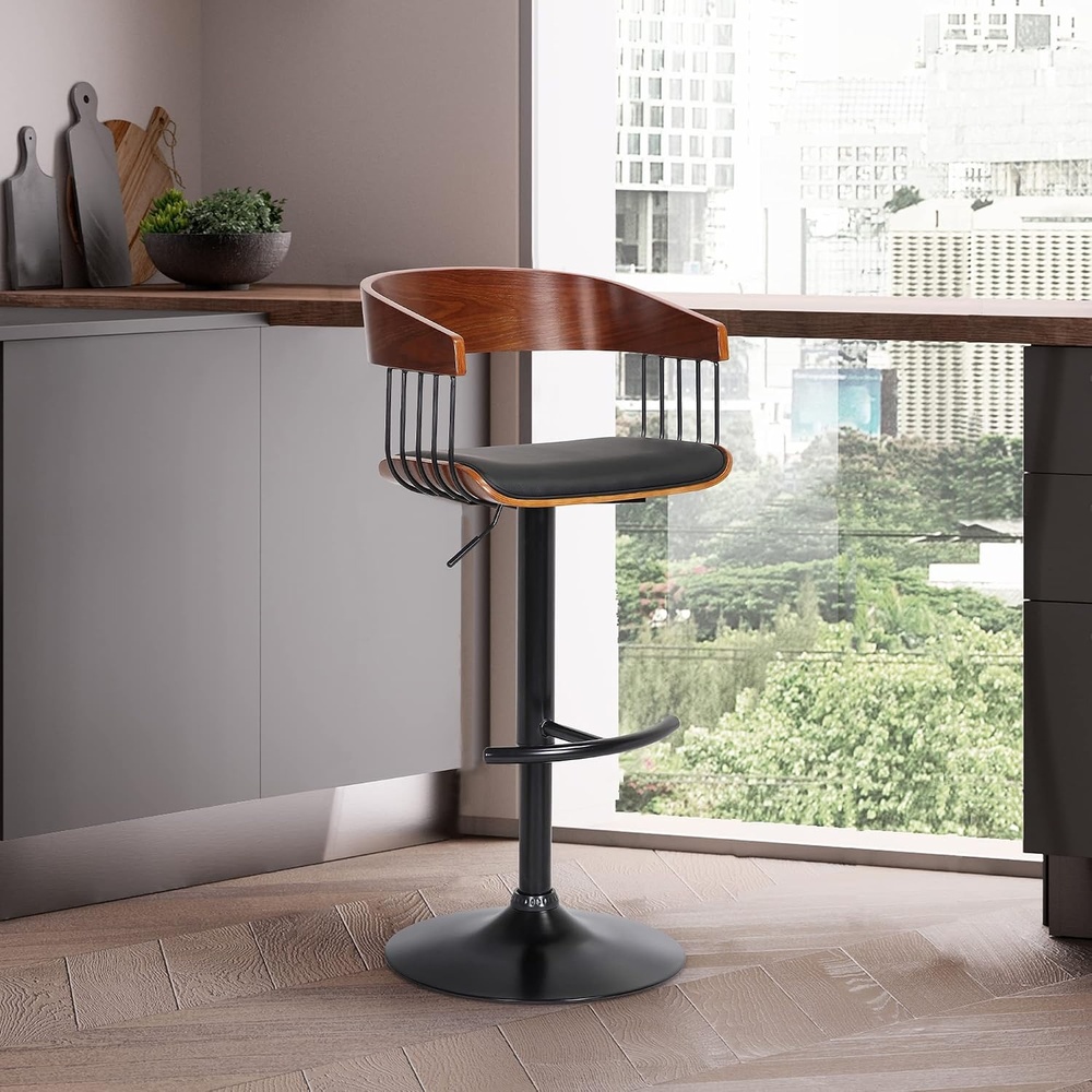 image:imageLarisa Adjustable Walnut Wood Bar Stool in Black Faux Leather with Black Metal  Set of 4