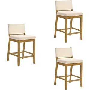 Yaneli Contemporary Natural Wood Bar Height Kitchen Bar Stool in Amber Glow Finish with White Fabric Upholstered Seat – Set of 4(White/Amber Glow)