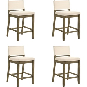Yaneli Contemporary Natural Wood Bar Height Kitchen Bar Stool in Amber Glow Finish with White Fabric Upholstered Seat – Set of 4(White/Putty Brown)