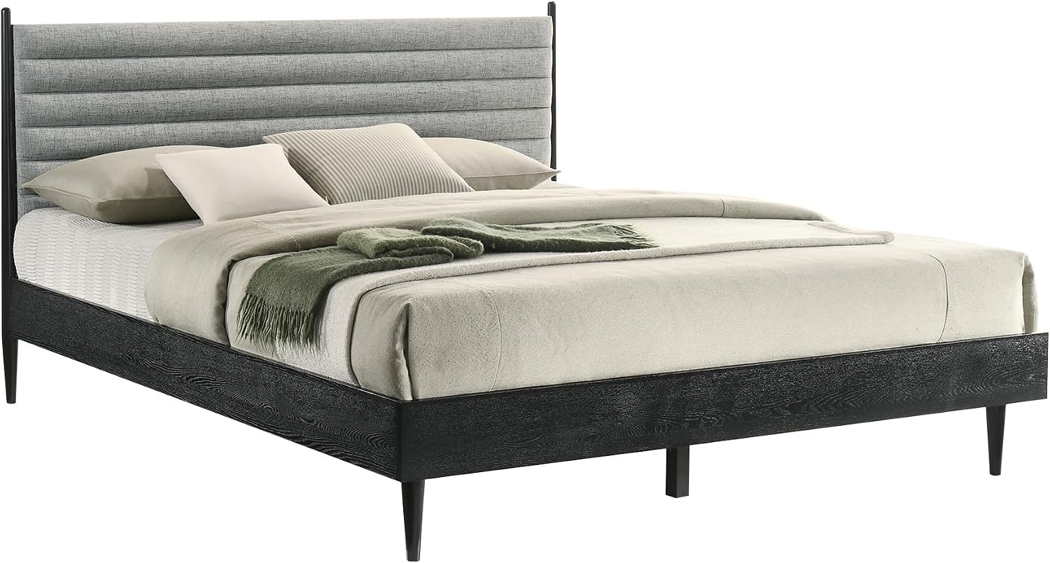 image:imageArmen Living Artemio Mid Century Modern King Platform Wood Bed Frame with Upholstered Fabric Headboard in Walnut FinishBlack