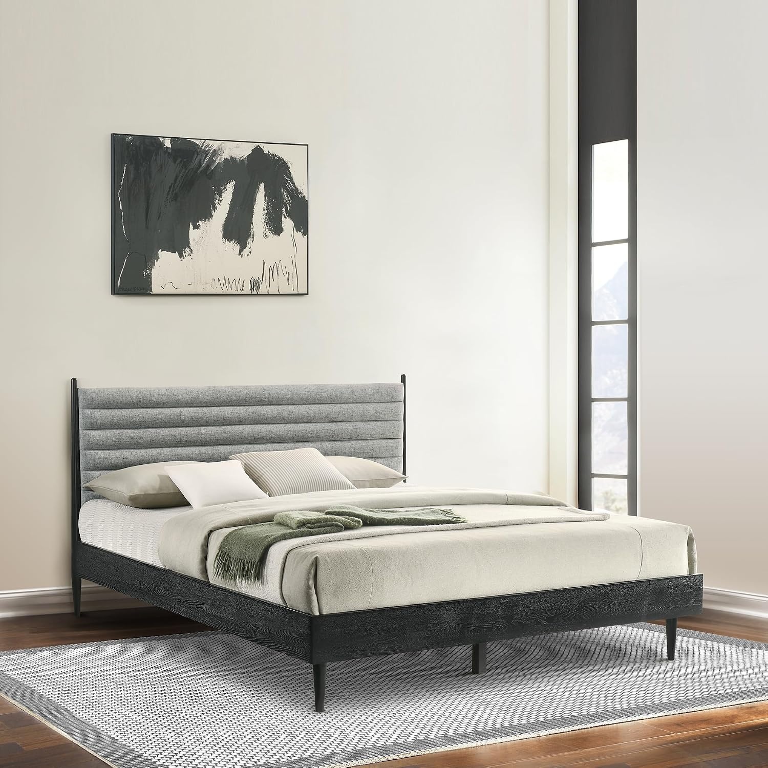 image:imageArmen Living Artemio Mid Century Modern King Platform Wood Bed Frame with Upholstered Fabric Headboard in Walnut FinishBlack