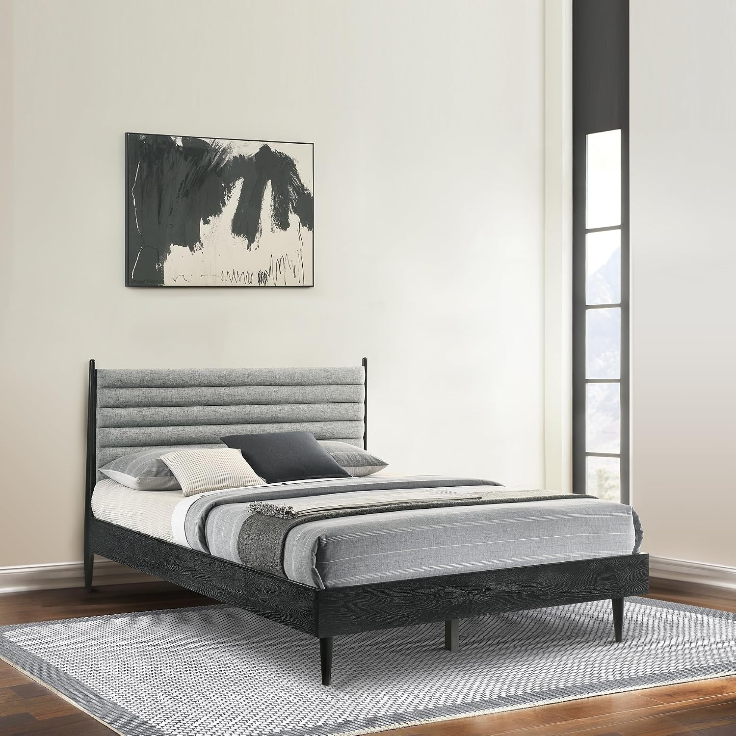 image:imageArmen Living Artemio Mid Century Modern King Platform Wood Bed Frame with Upholstered Fabric Headboard in Walnut FinishBlack