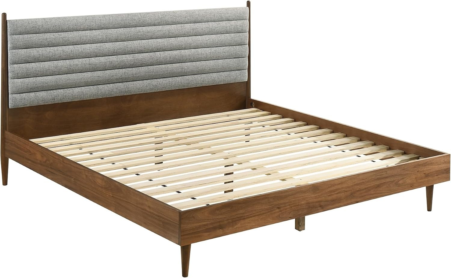 image:imageArmen Living Artemio Mid Century Modern King Platform Wood Bed Frame with Upholstered Fabric Headboard in Walnut FinishWalnut