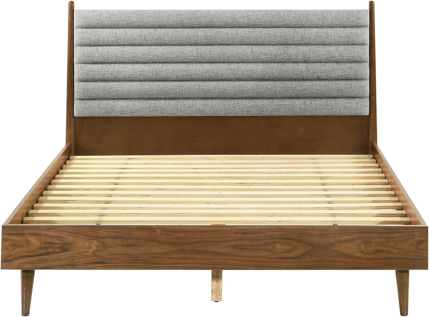 image:imageArmen Living Artemio Mid Century Modern King Platform Wood Bed Frame with Upholstered Fabric Headboard in Walnut FinishWalnut