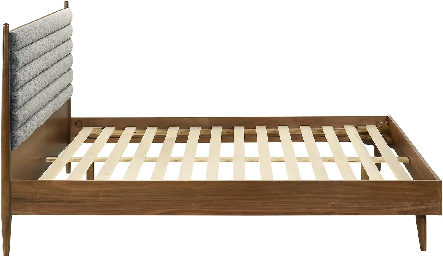 image:imageArmen Living Artemio Mid Century Modern King Platform Wood Bed Frame with Upholstered Fabric Headboard in Walnut FinishWalnut