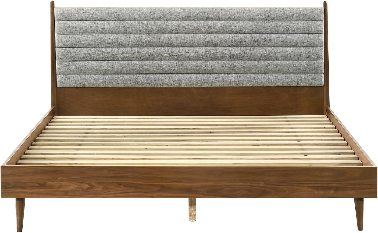 image:imageArmen Living Artemio Mid Century Modern King Platform Wood Bed Frame with Upholstered Fabric Headboard in Walnut FinishWalnut