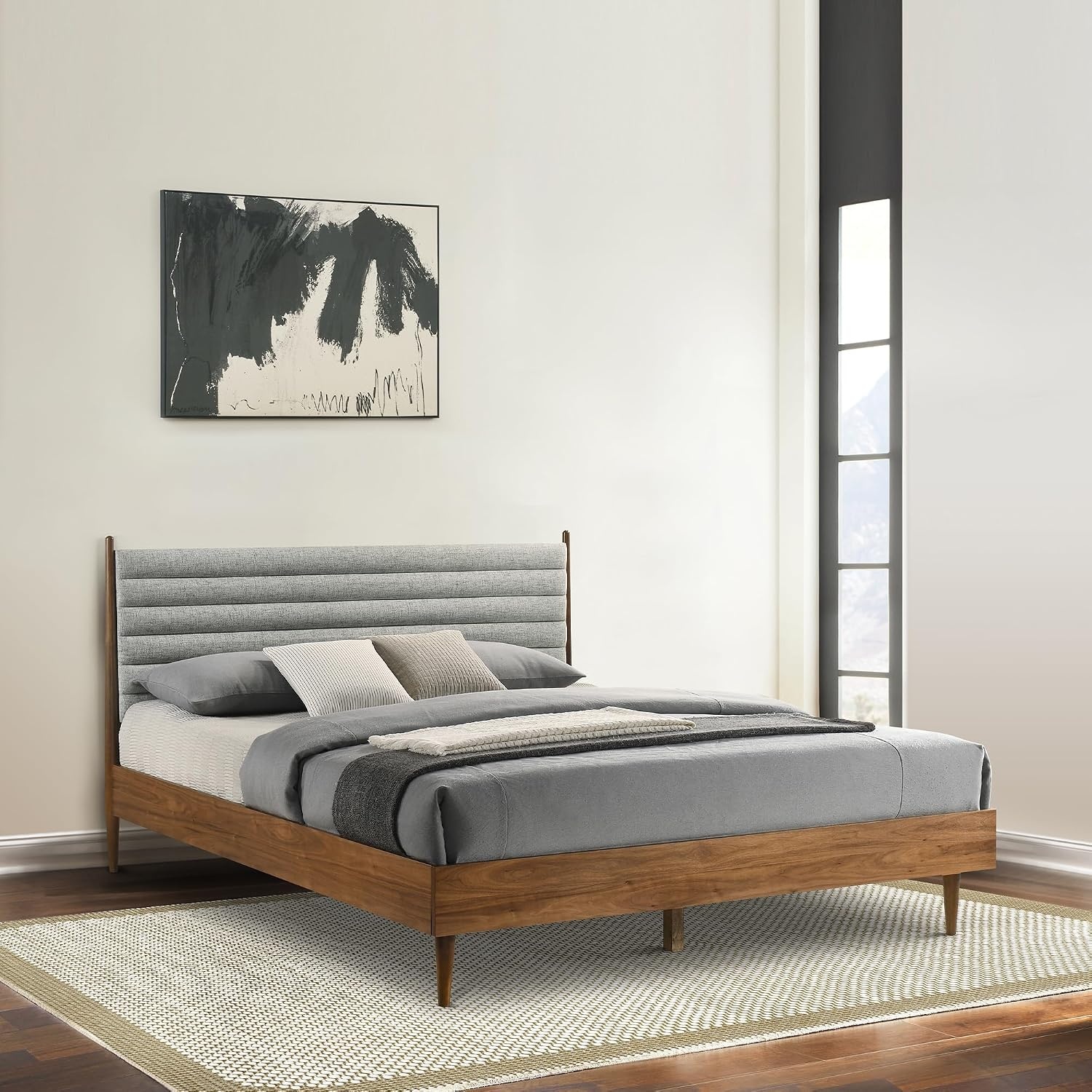 image:imageArmen Living Artemio Mid Century Modern King Platform Wood Bed Frame with Upholstered Fabric Headboard in Walnut FinishWalnut