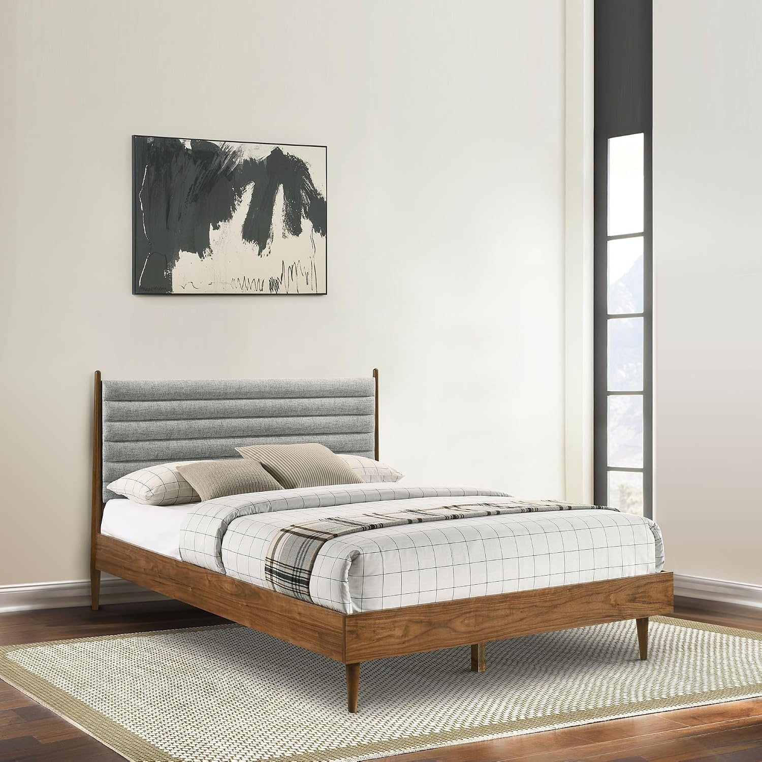image:imageArmen Living Artemio Mid Century Modern King Platform Wood Bed Frame with Upholstered Fabric Headboard in Walnut FinishWalnut