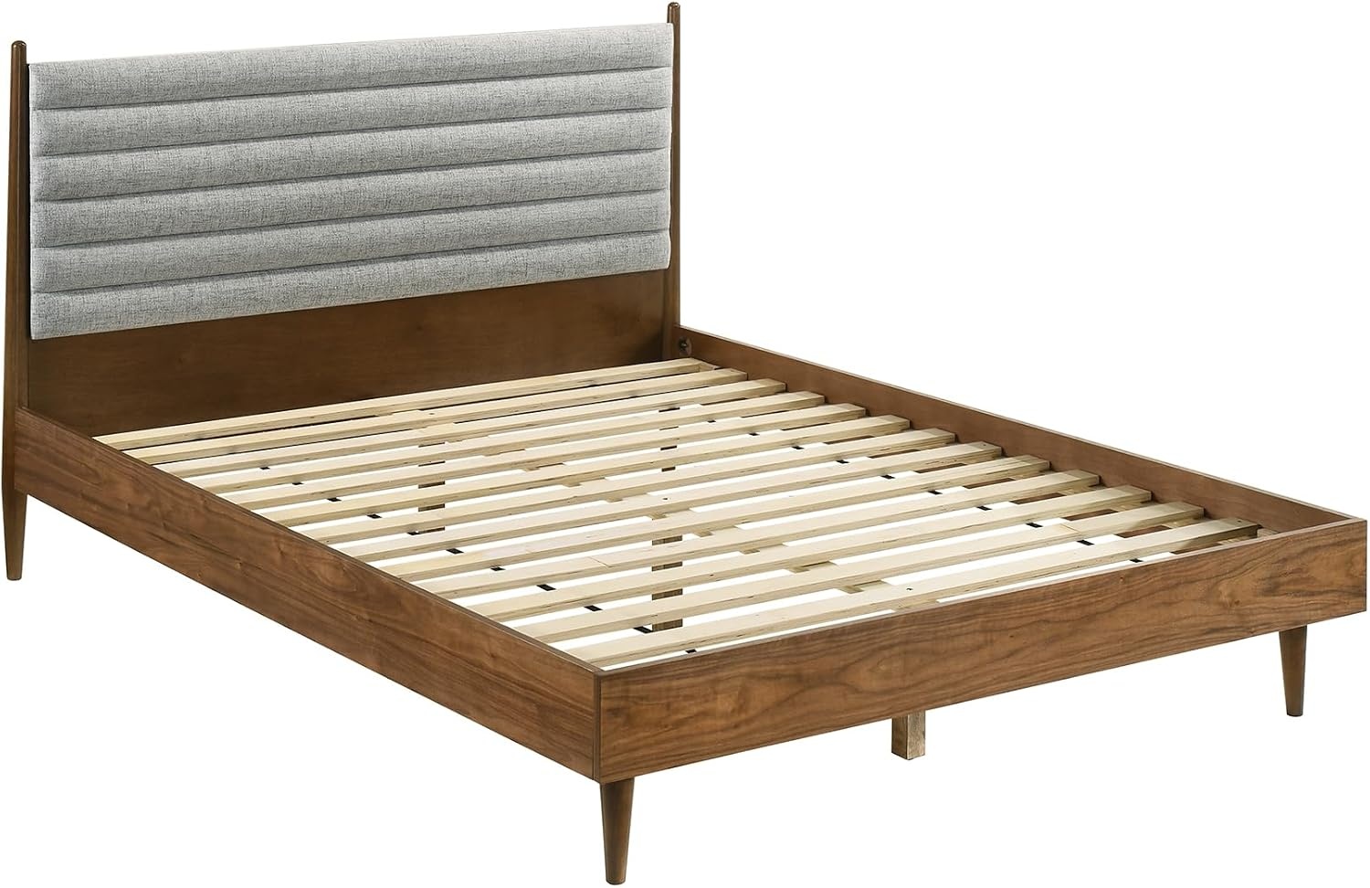 image:imageArmen Living Artemio Mid Century Modern King Platform Wood Bed Frame with Upholstered Fabric Headboard in Walnut FinishWalnut