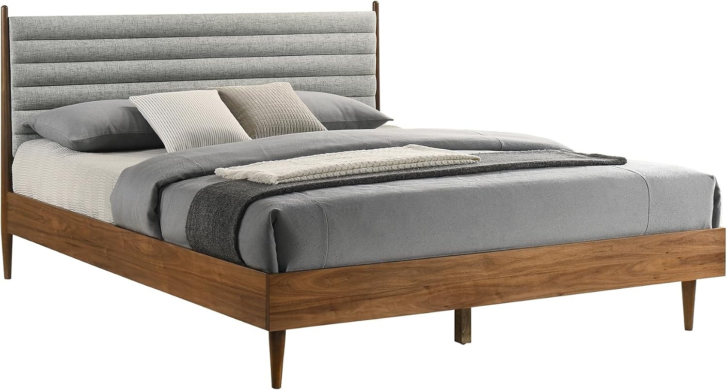 image:imageArmen Living Artemio Mid Century Modern King Platform Wood Bed Frame with Upholstered Fabric Headboard in Walnut FinishWalnut
