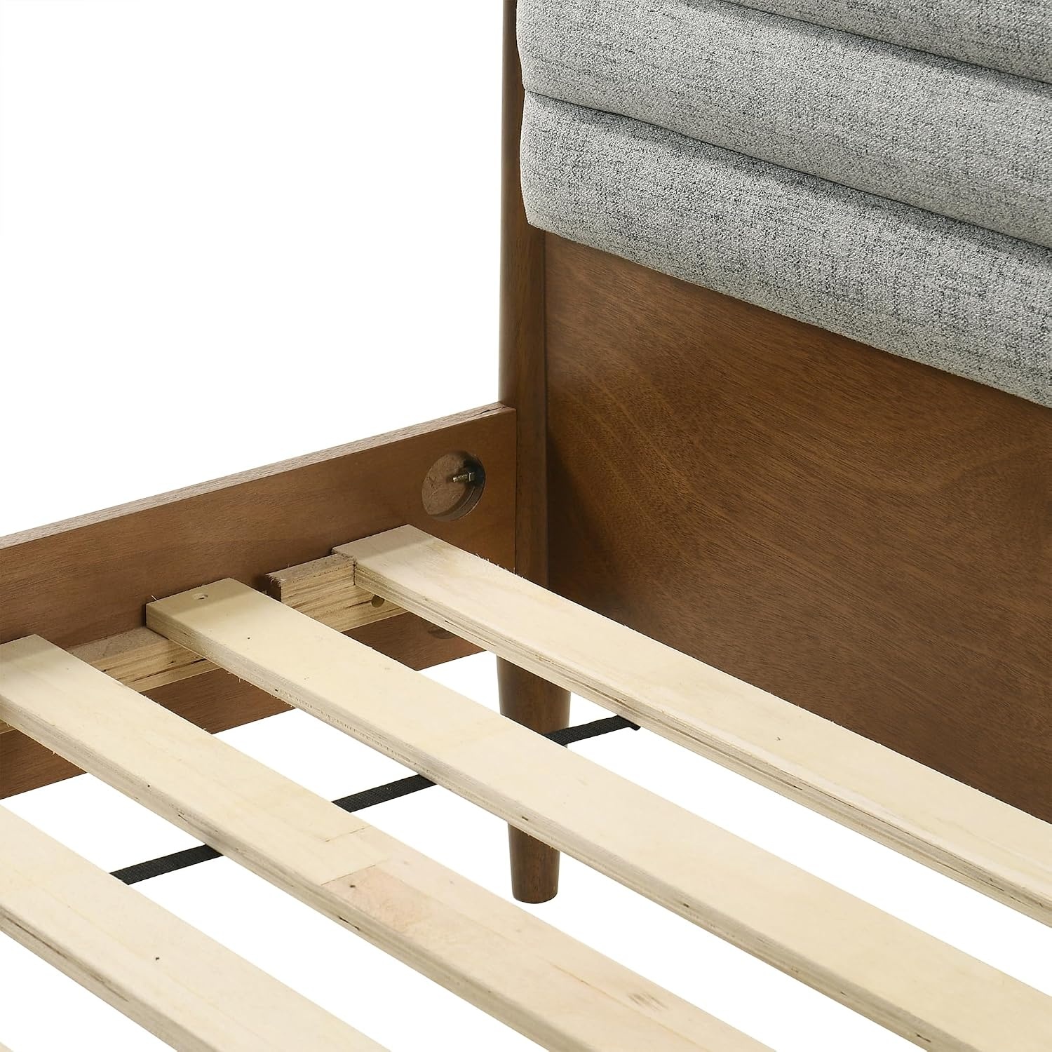 image:imageArmen Living Artemio Mid Century Modern King Platform Wood Bed Frame with Upholstered Fabric Headboard in Walnut FinishWalnut