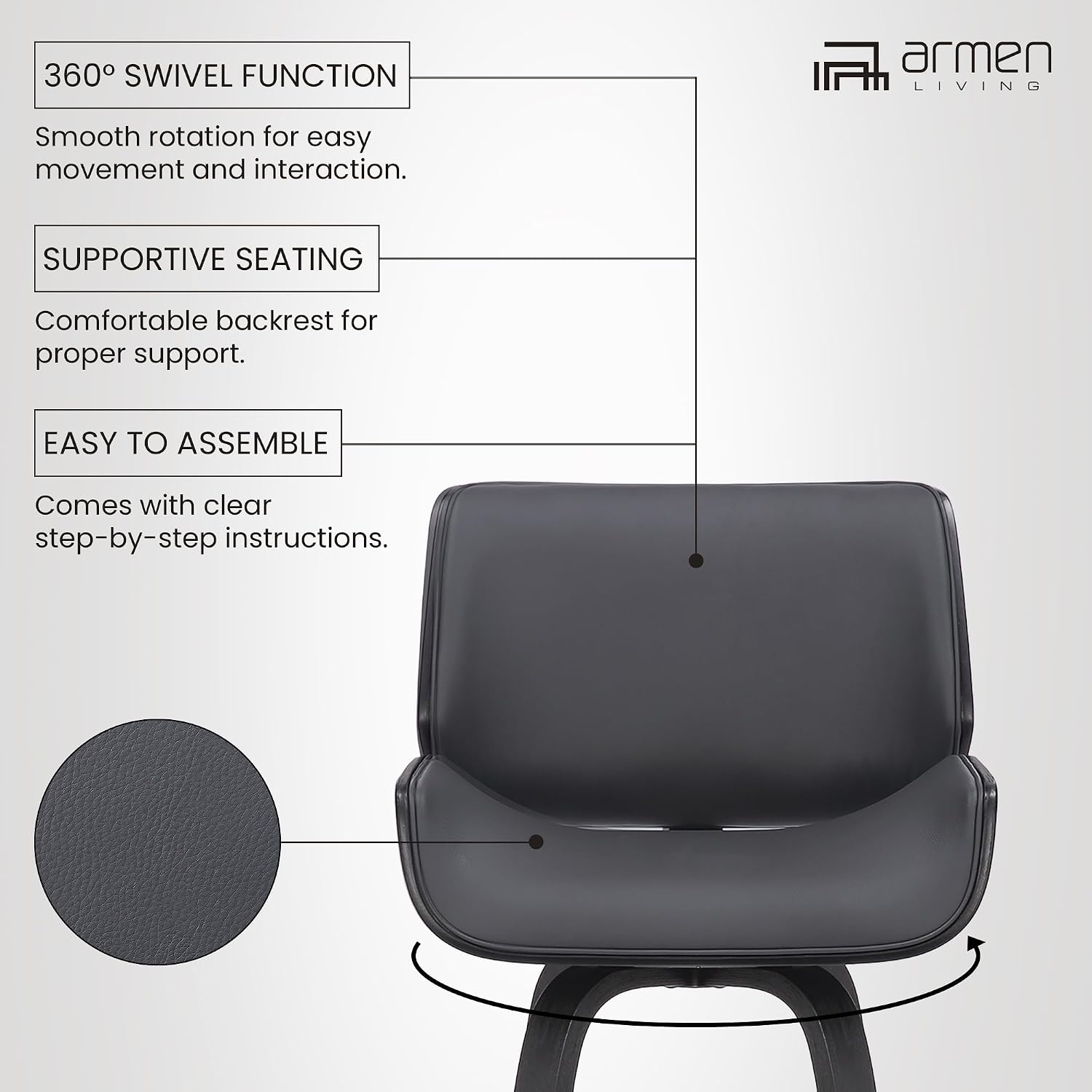 image:imageArmen Living Tyler 26 Counter Height Swivel Cream Faux Leather and Walnut Wood Bar Stool Set of 3GrayBlack