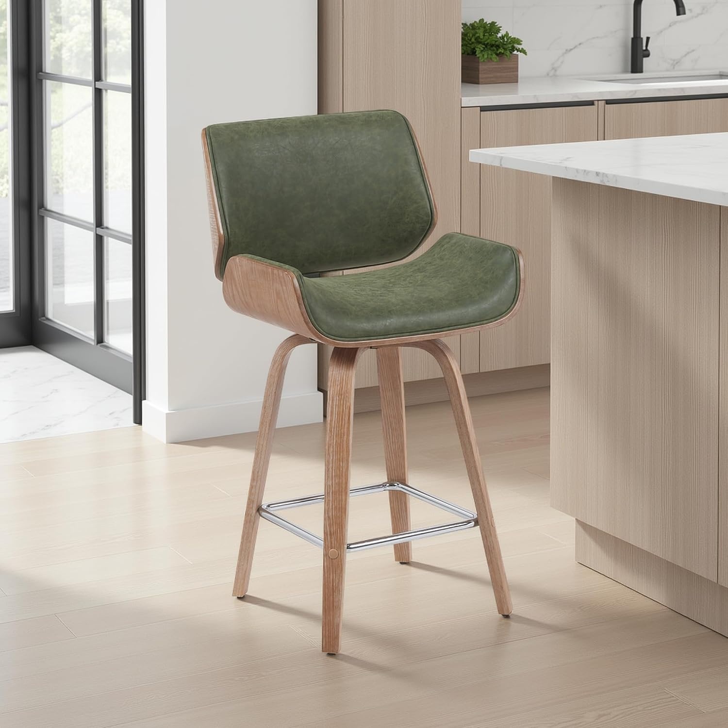 image:imageArmen Living Tyler 26 Counter Height Swivel Cream Faux Leather and Walnut Wood Bar Stool Set of 3Vintage GreenNatural