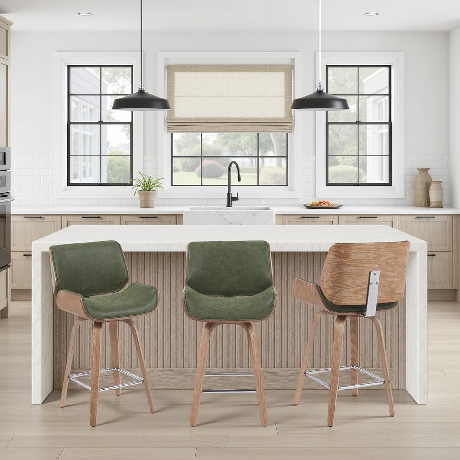 image:imageArmen Living Tyler 26 Counter Height Swivel Cream Faux Leather and Walnut Wood Bar Stool Set of 3Vintage GreenNatural