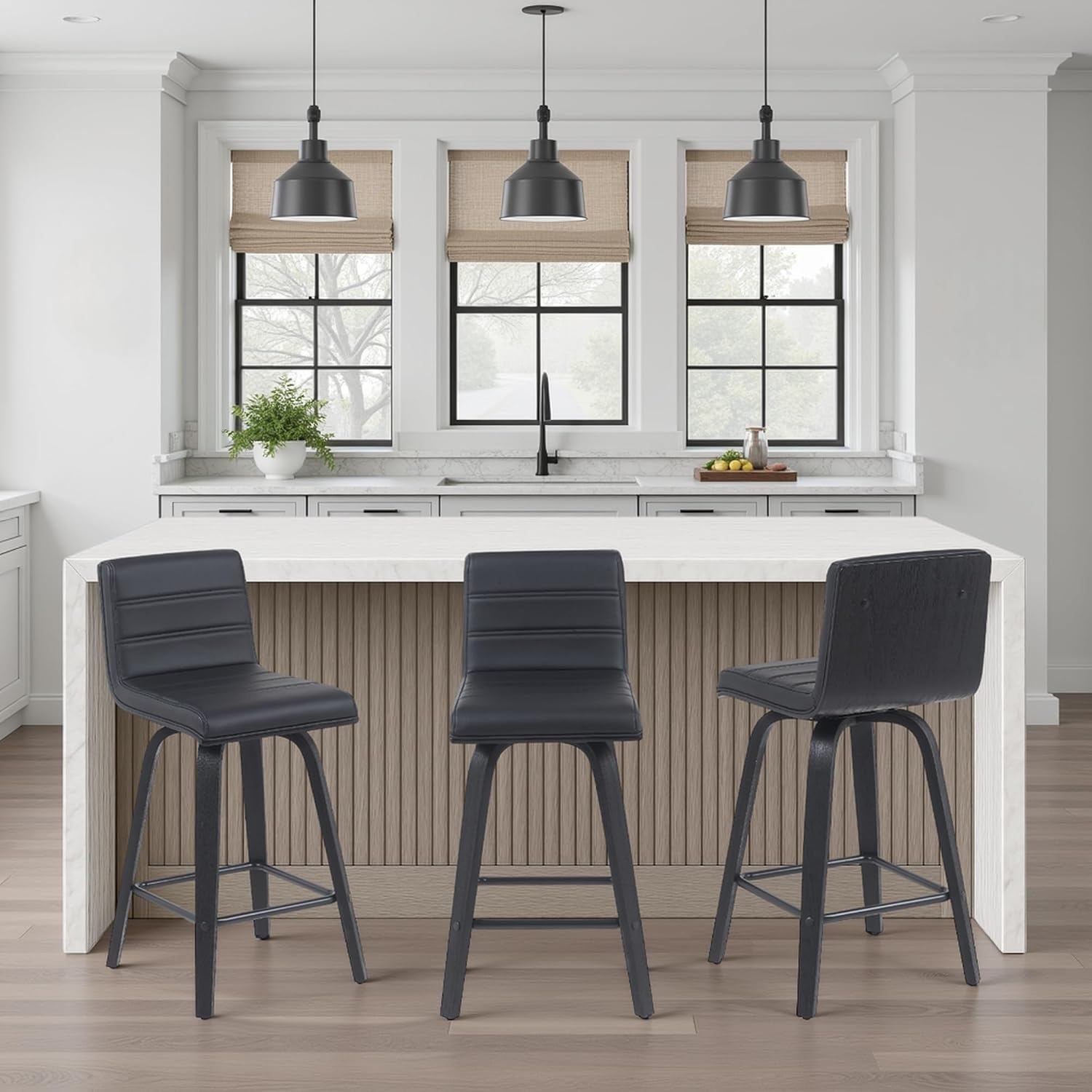 image:imageVienna Modern Swivel Bar Height Stool with Snow White Faux Leather Seat and Walnut Finished Wood Frame Set of 2Black Faux LeatherBlack
