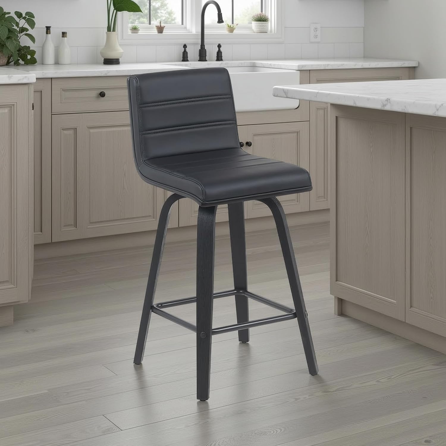 image:imageVienna Modern Swivel Bar Height Stool with Snow White Faux Leather Seat and Walnut Finished Wood Frame Set of 2Black Faux LeatherBlack
