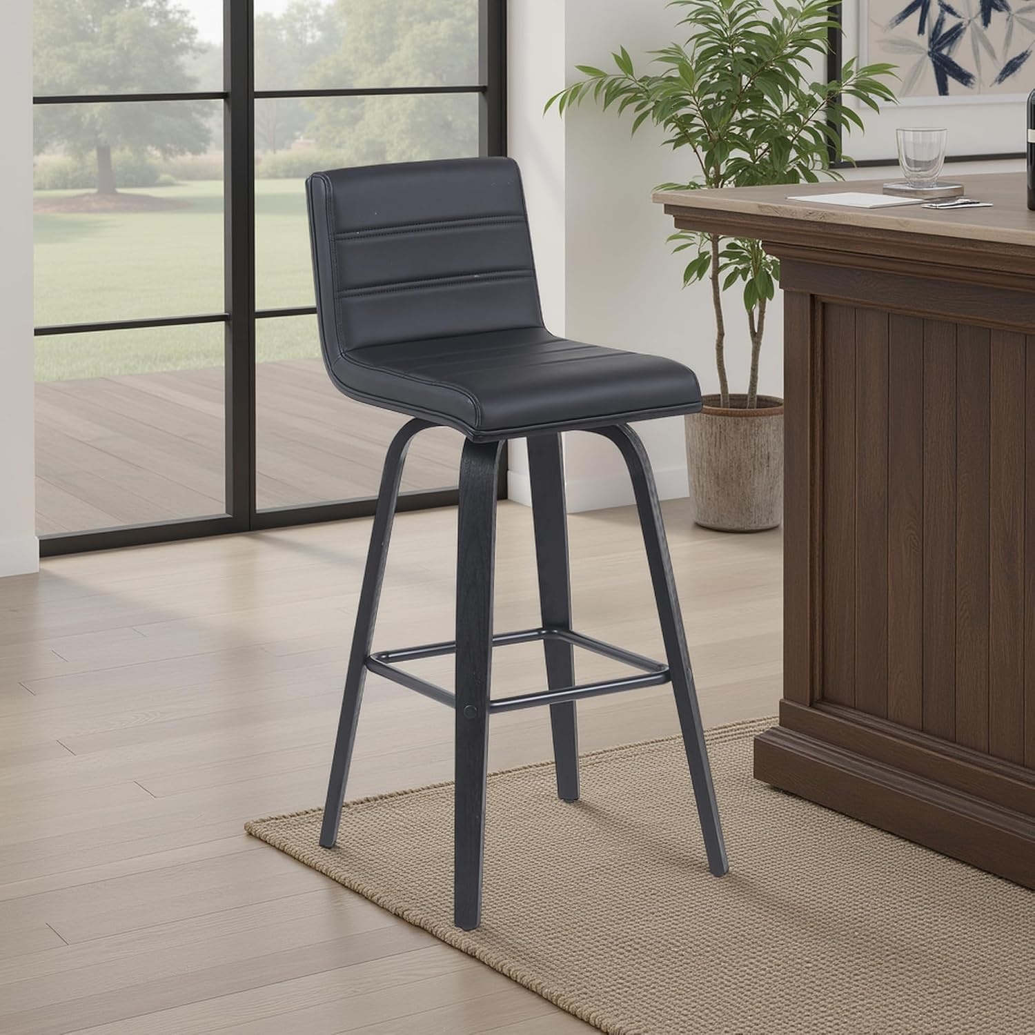 image:imageVienna Modern Swivel Bar Height Stool with Snow White Faux Leather Seat and Walnut Finished Wood Frame Set of 2Black Faux LeatherBlack