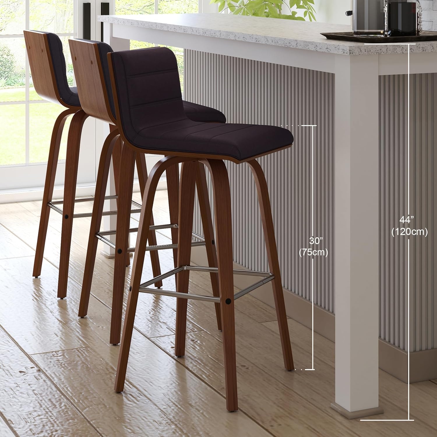 image:imageVienna Modern Swivel Bar Height Stool with Snow White Faux Leather Seat and Walnut Finished Wood Frame Set of 2Brown Faux LeatherWalnut