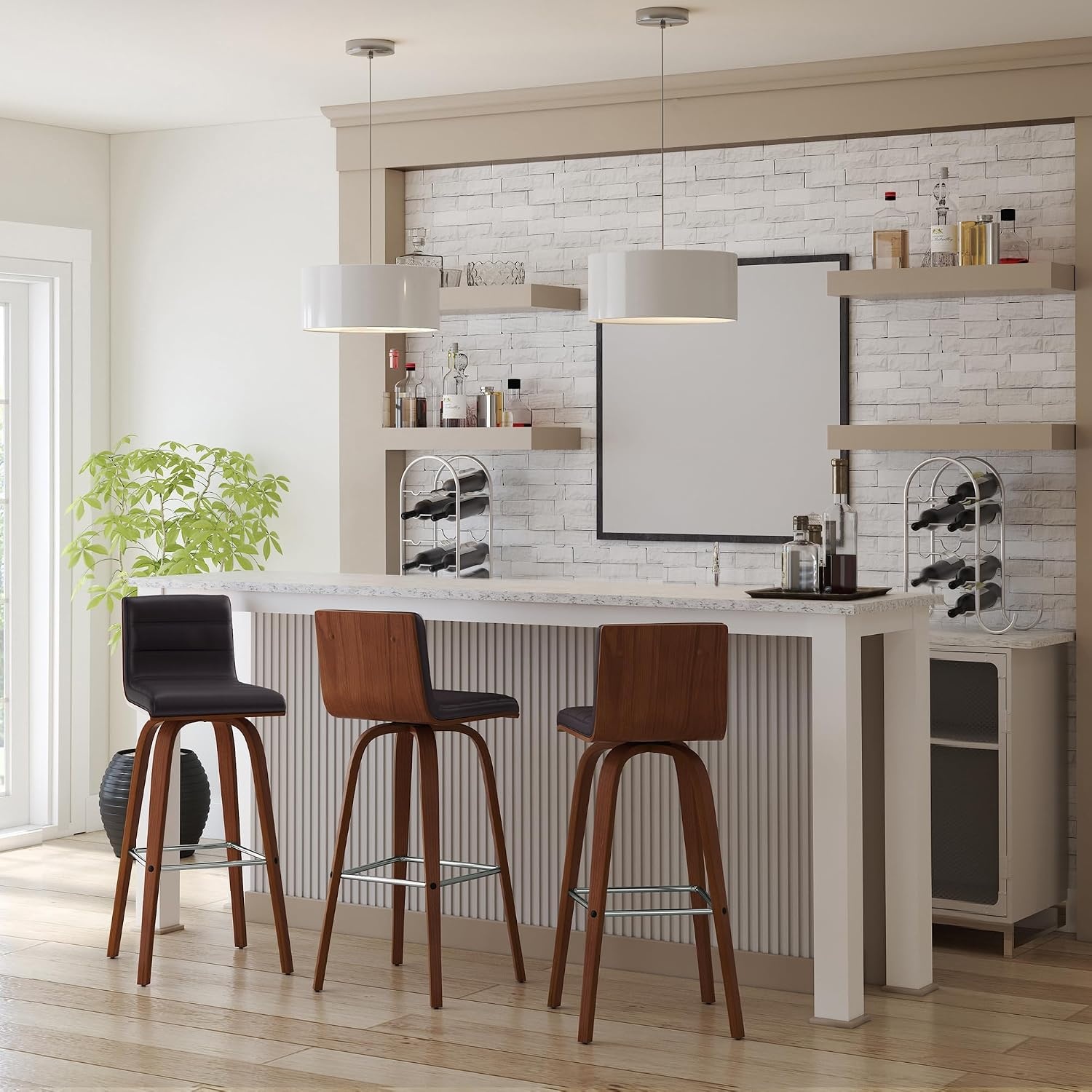 image:imageVienna Modern Swivel Bar Height Stool with Snow White Faux Leather Seat and Walnut Finished Wood Frame Set of 2Brown Faux LeatherWalnut