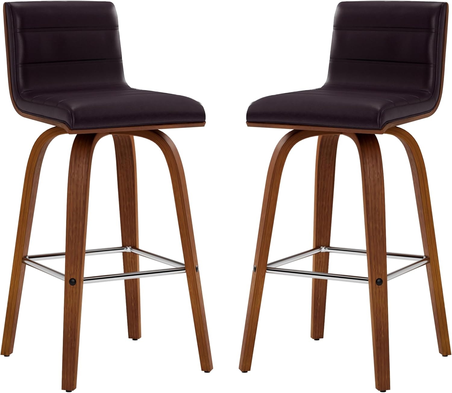image:imageVienna Modern Swivel Bar Height Stool with Snow White Faux Leather Seat and Walnut Finished Wood Frame Set of 2Brown Faux LeatherWalnut