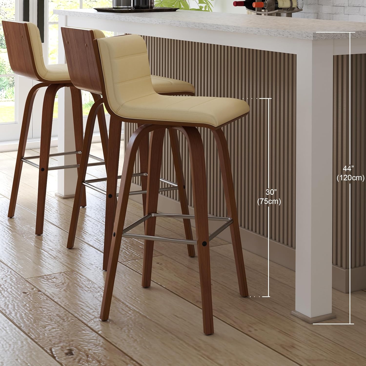 image:imageVienna Modern Swivel Bar Height Stool with Snow White Faux Leather Seat and Walnut Finished Wood Frame Set of 2Cream Faux LeatherWalnut