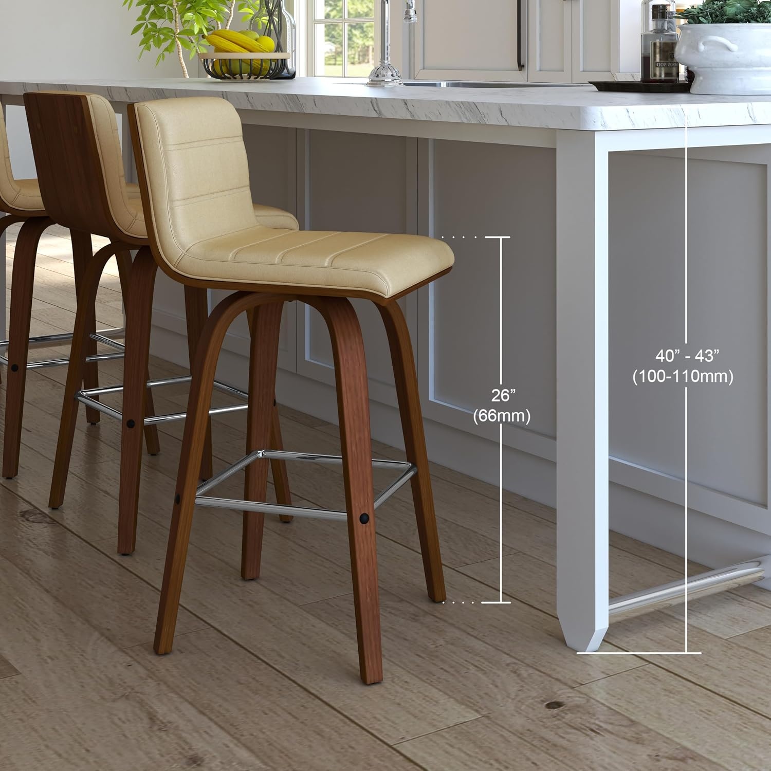 image:imageVienna Modern Swivel Bar Height Stool with Snow White Faux Leather Seat and Walnut Finished Wood Frame Set of 2Cream Faux LeatherWalnut