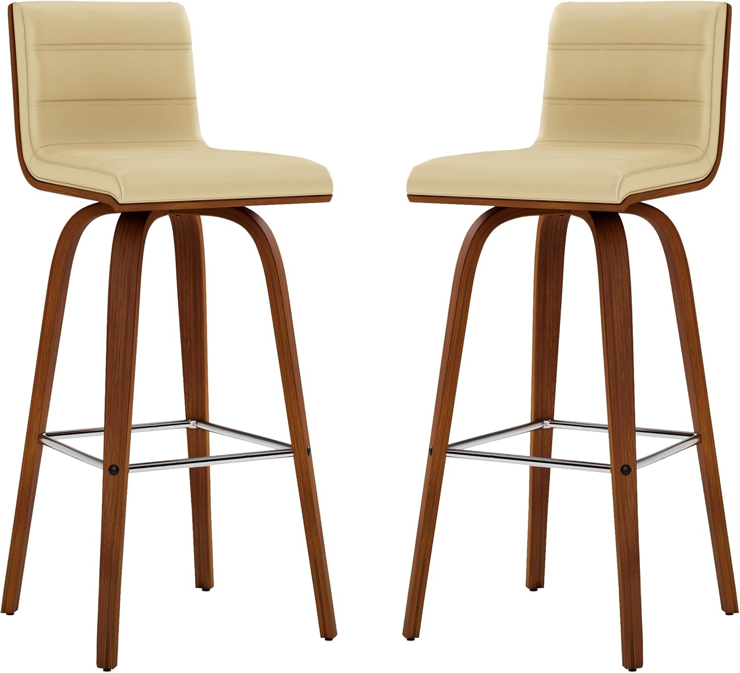 image:imageVienna Modern Swivel Bar Height Stool with Snow White Faux Leather Seat and Walnut Finished Wood Frame Set of 2Cream Faux LeatherWalnut