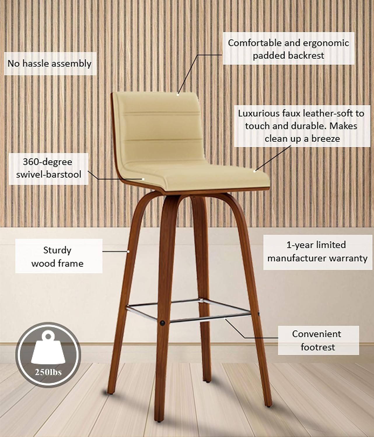 image:imageVienna Modern Swivel Bar Height Stool with Snow White Faux Leather Seat and Walnut Finished Wood Frame Set of 2Cream Faux LeatherWalnut