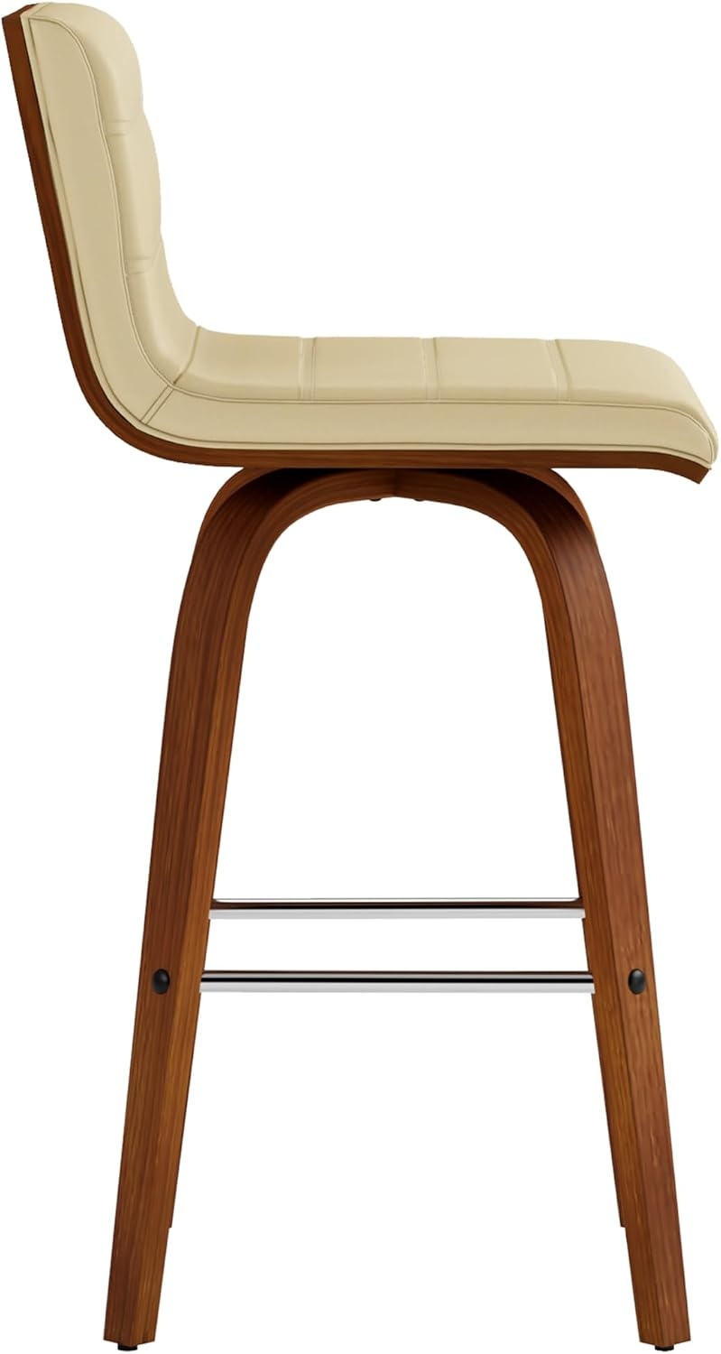image:imageVienna Modern Swivel Bar Height Stool with Snow White Faux Leather Seat and Walnut Finished Wood Frame Set of 2Cream Faux LeatherWalnut