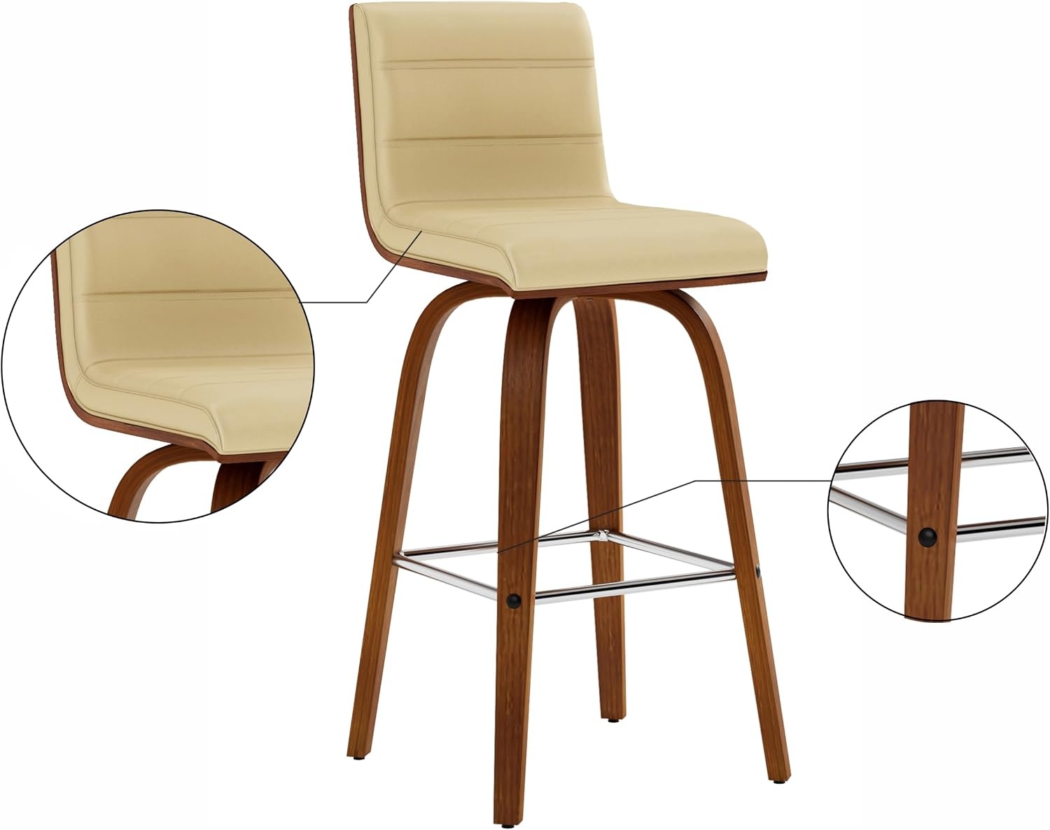 image:imageVienna Modern Swivel Bar Height Stool with Snow White Faux Leather Seat and Walnut Finished Wood Frame Set of 2Cream Faux LeatherWalnut