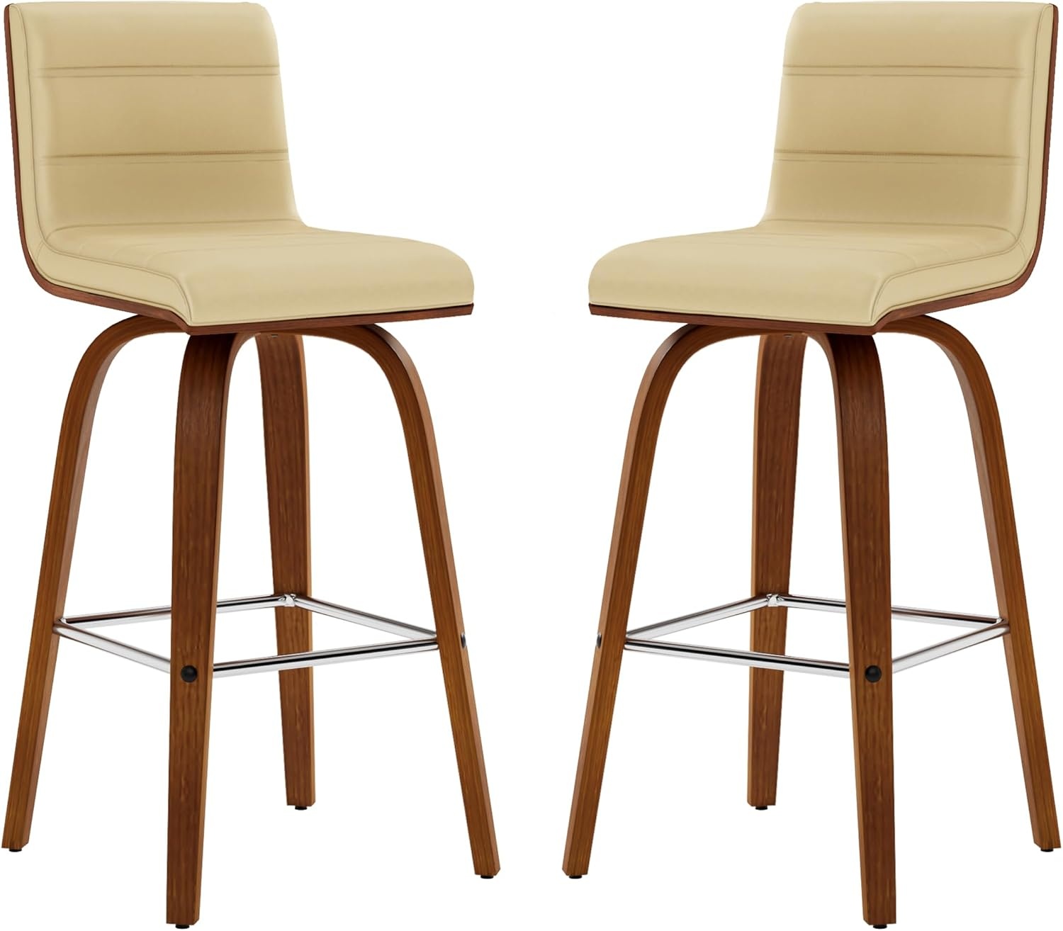 image:imageVienna Modern Swivel Bar Height Stool with Snow White Faux Leather Seat and Walnut Finished Wood Frame Set of 2Cream Faux LeatherWalnut