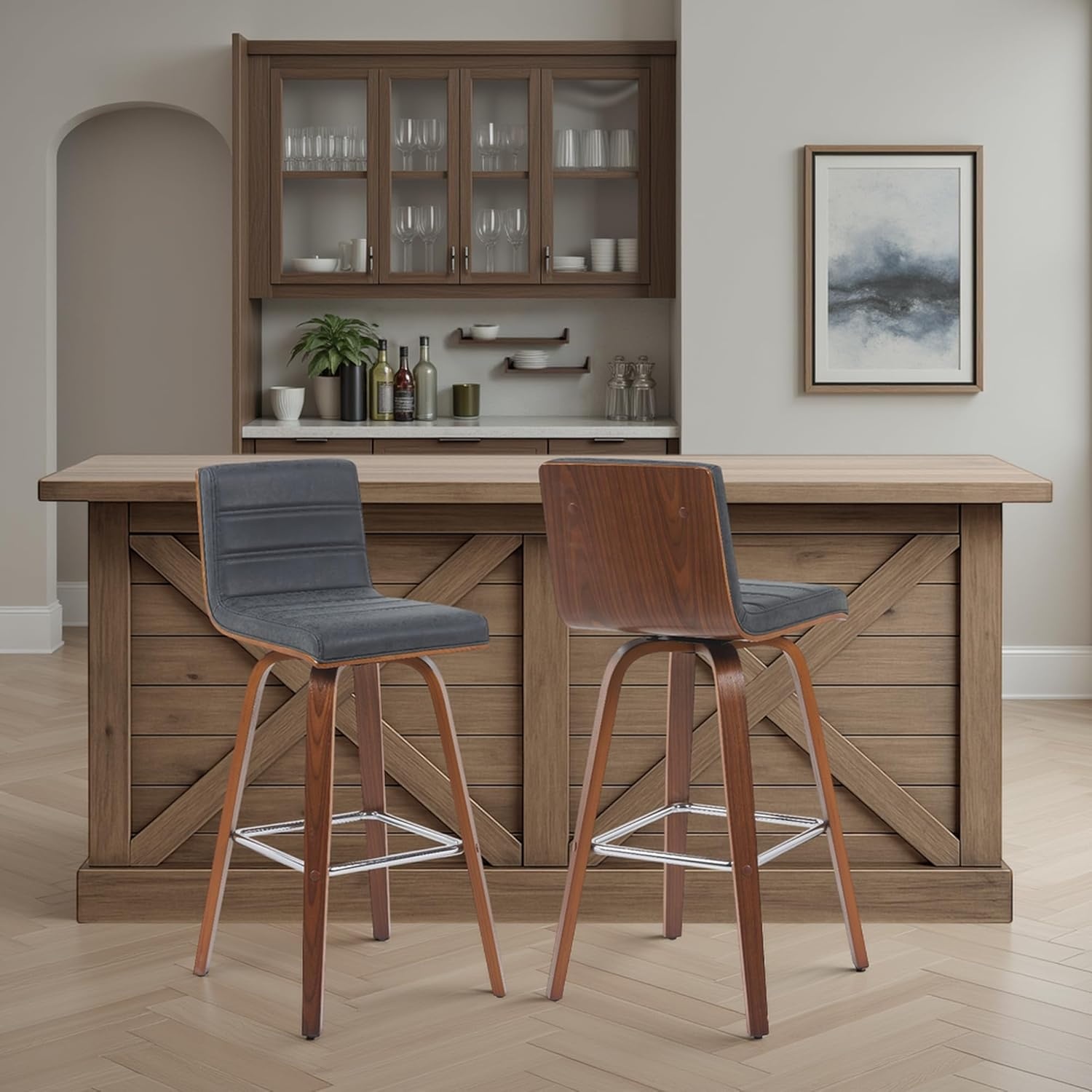 image:imageVienna Modern Swivel Bar Height Stool with Snow White Faux Leather Seat and Walnut Finished Wood Frame Set of 2Vintage Black Faux LeatherWalnut