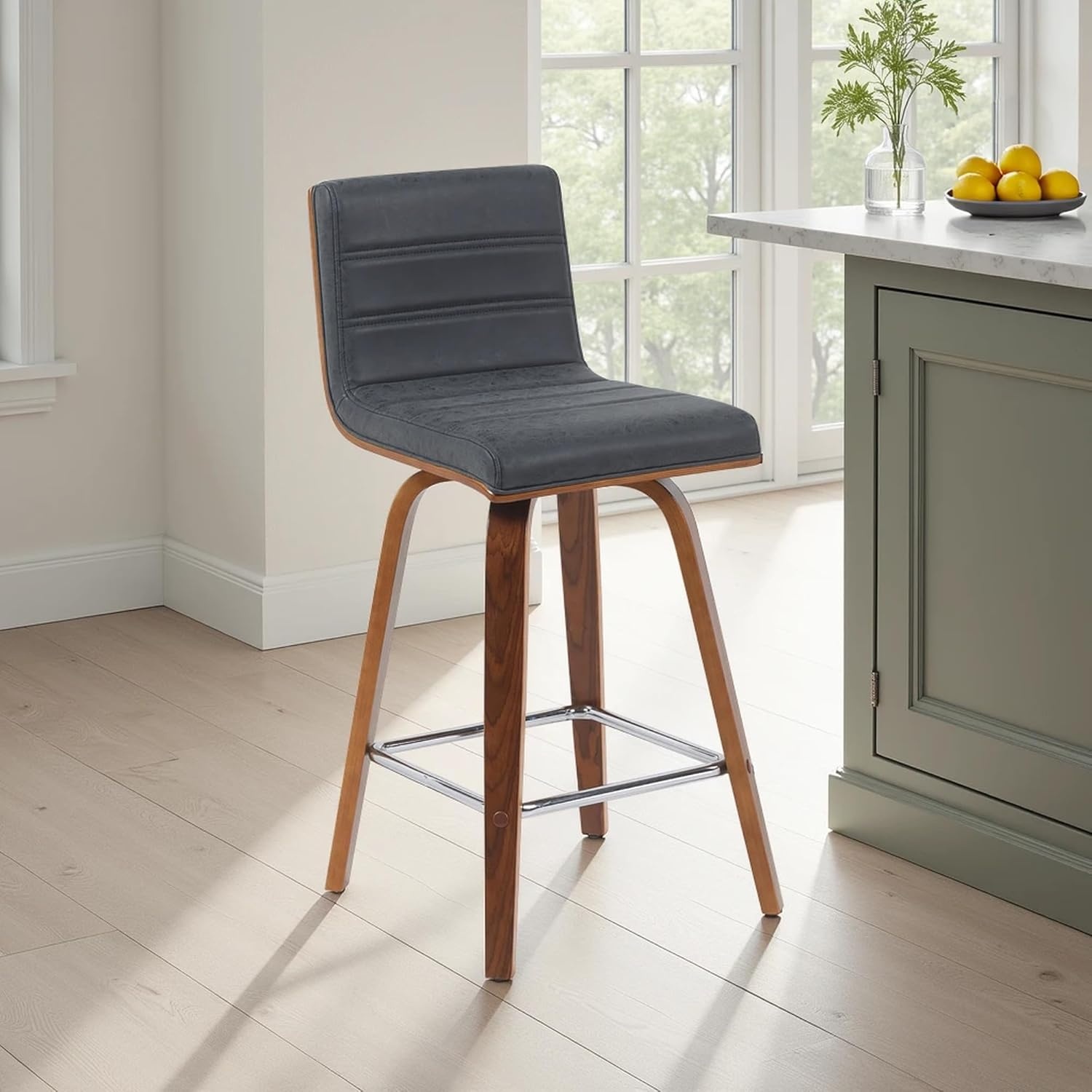 image:imageVienna Modern Swivel Bar Height Stool with Snow White Faux Leather Seat and Walnut Finished Wood Frame Set of 2Vintage Black Faux LeatherWalnut