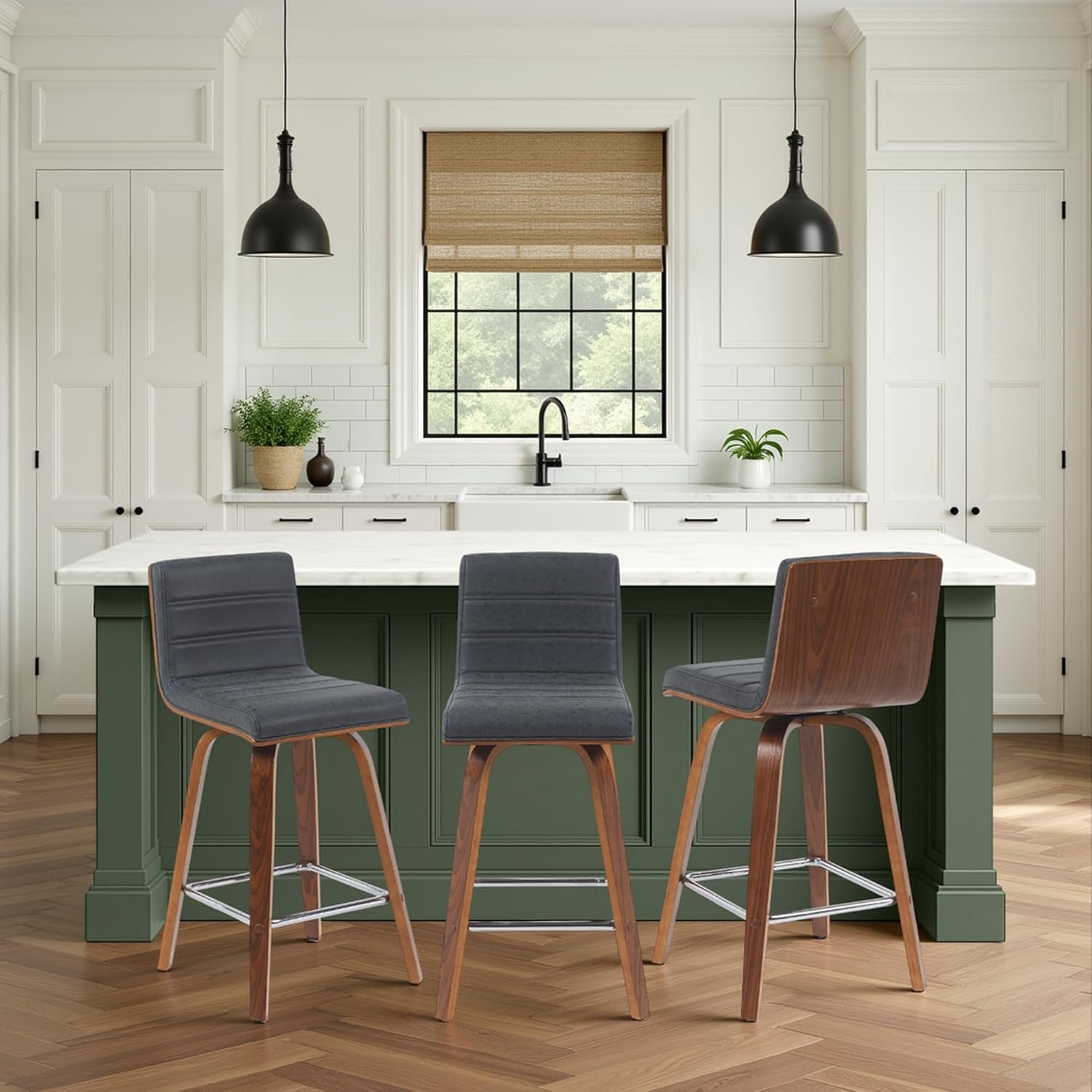 image:imageVienna Modern Swivel Bar Height Stool with Snow White Faux Leather Seat and Walnut Finished Wood Frame Set of 2Vintage Black Faux LeatherWalnut