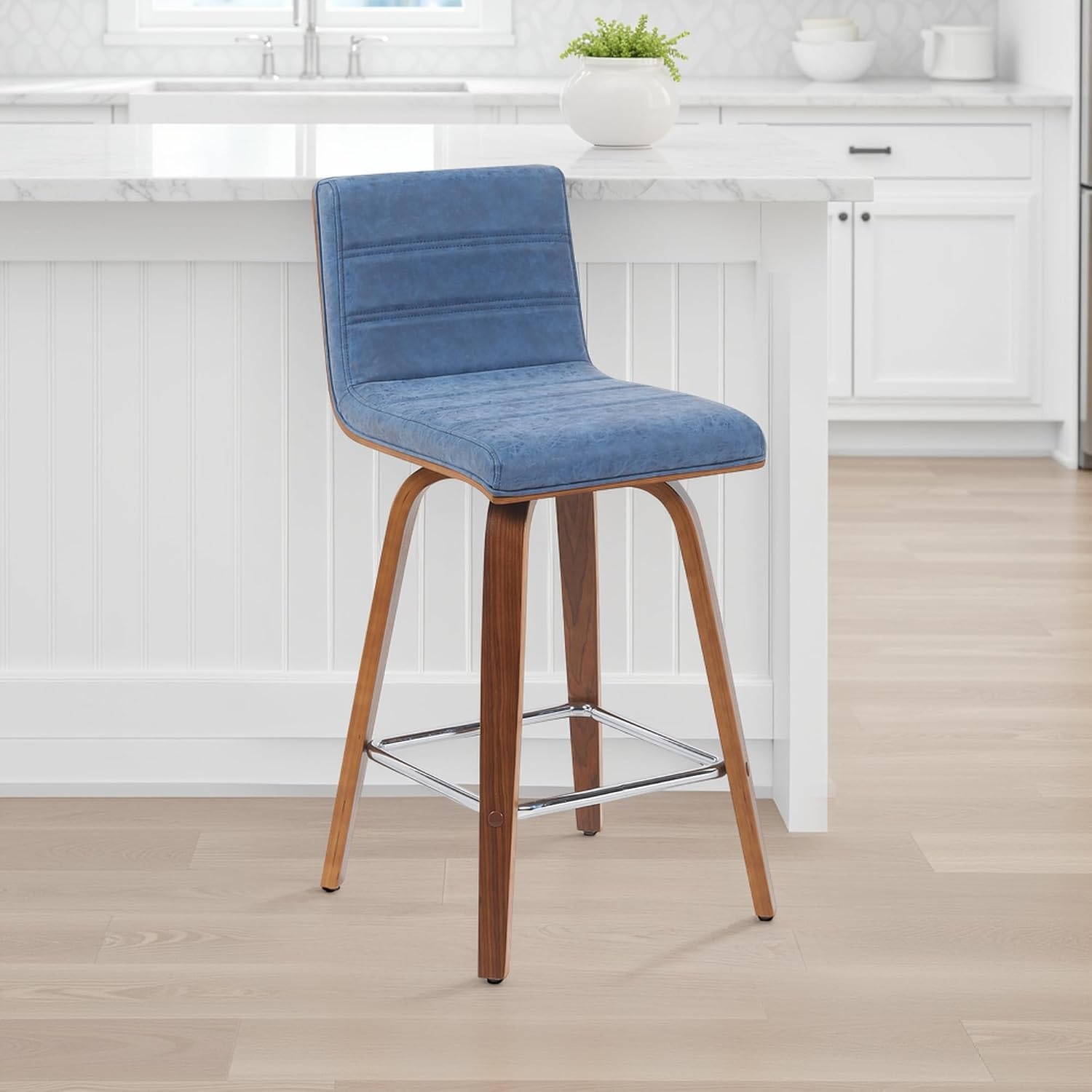 image:imageVienna Modern Swivel Bar Height Stool with Snow White Faux Leather Seat and Walnut Finished Wood Frame Set of 2Vintage Blue Faux LeatherWalnut