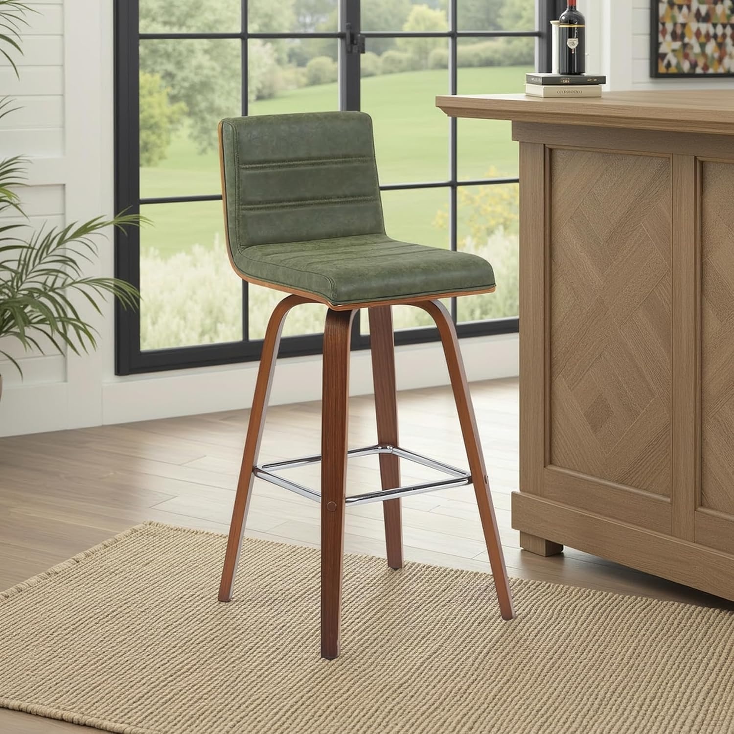 image:imageVienna Modern Swivel Bar Height Stool with Snow White Faux Leather Seat and Walnut Finished Wood Frame Set of 2Vintage Green Faux LeatherWalnut