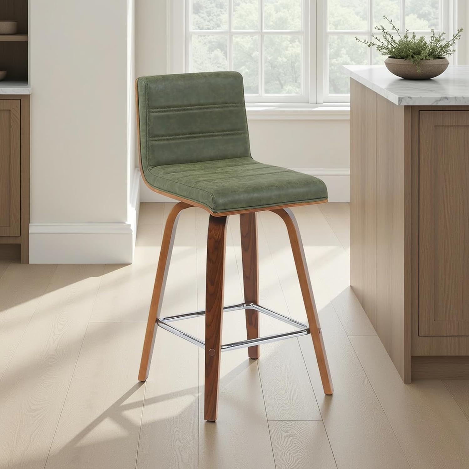 image:imageVienna Modern Swivel Bar Height Stool with Snow White Faux Leather Seat and Walnut Finished Wood Frame Set of 2Vintage Green Faux LeatherWalnut