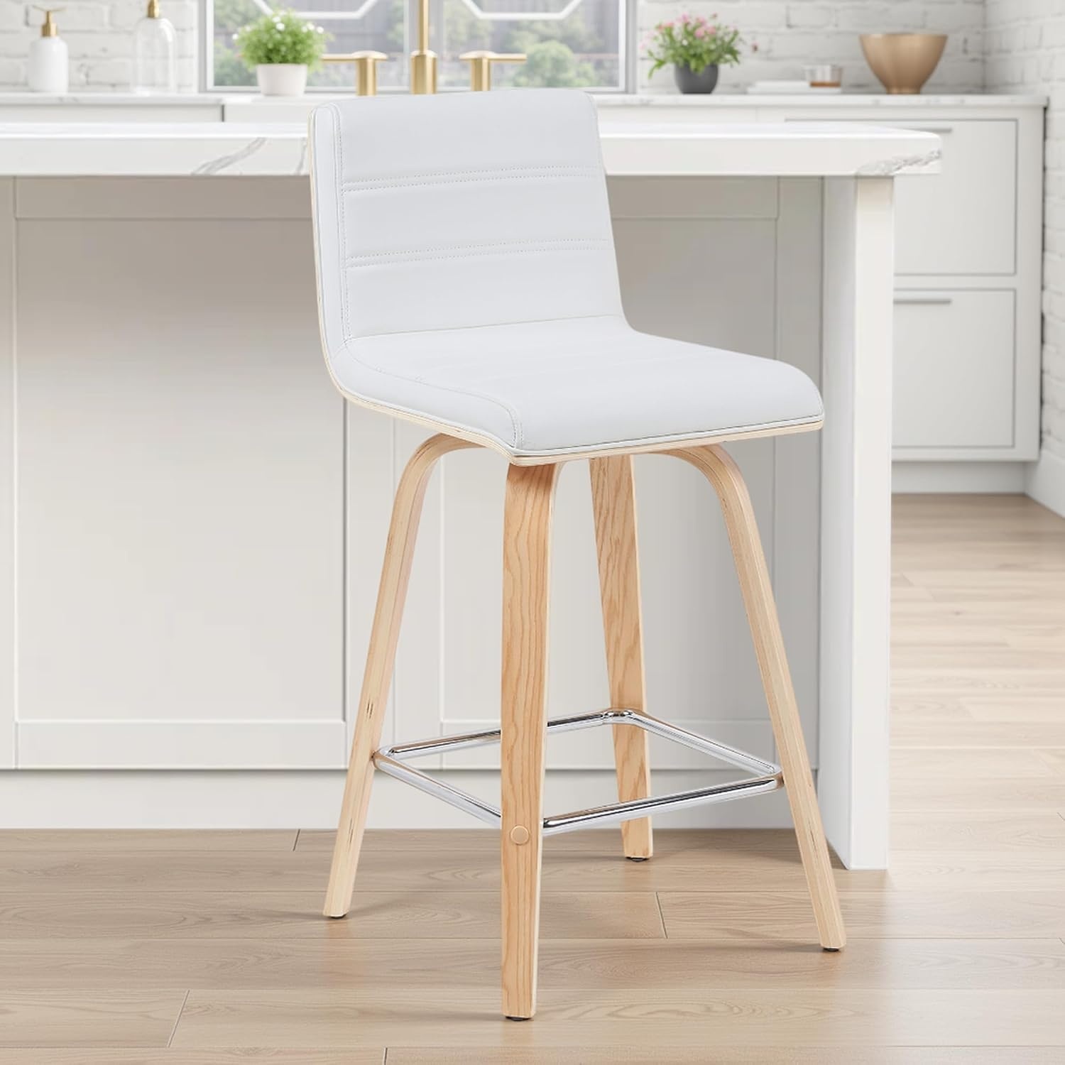 image:imageVienna Modern Swivel Bar Height Stool with Snow White Faux Leather Seat and Walnut Finished Wood Frame Set of 2White Faux LeatherOak
