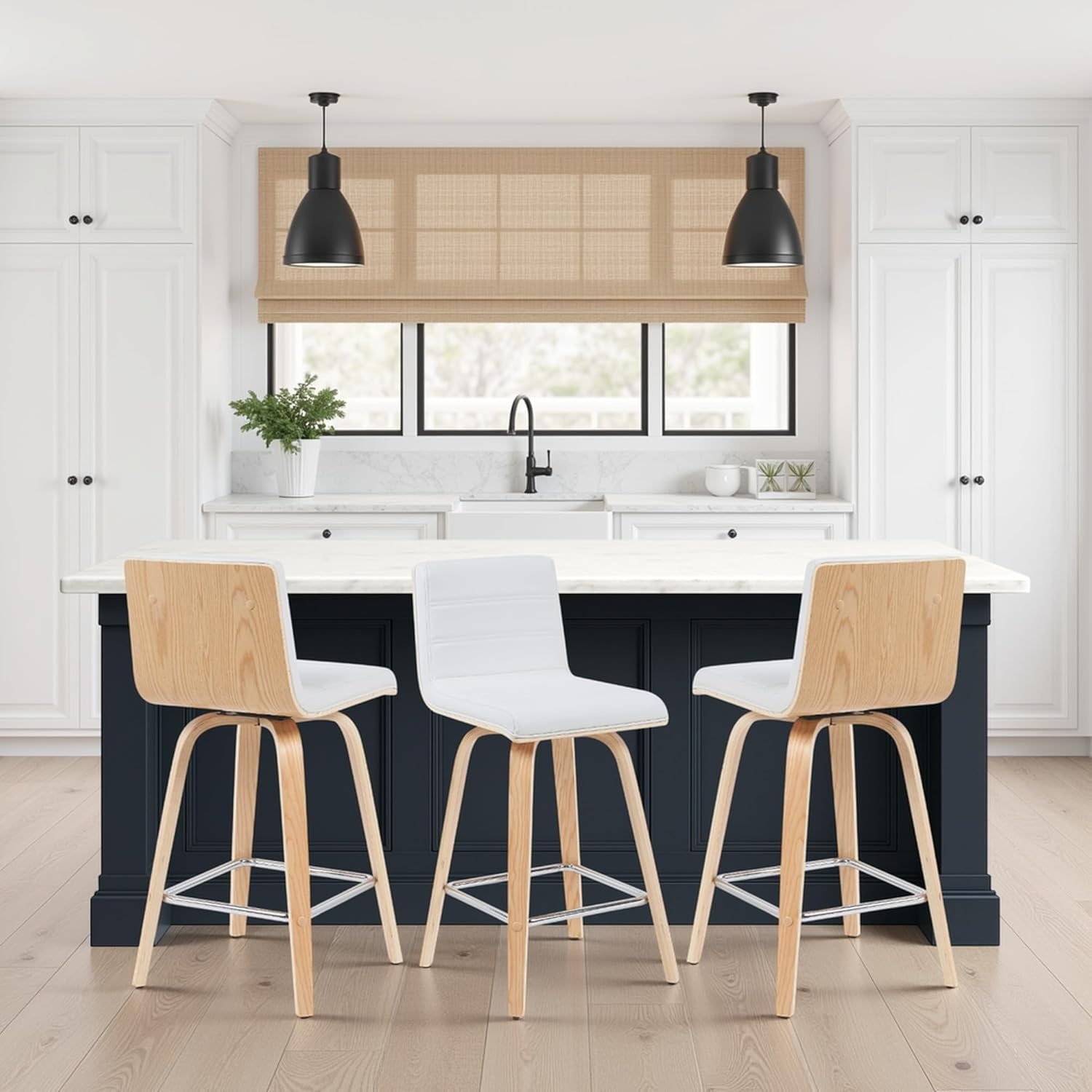 image:imageVienna Modern Swivel Bar Height Stool with Snow White Faux Leather Seat and Walnut Finished Wood Frame Set of 2White Faux LeatherOak