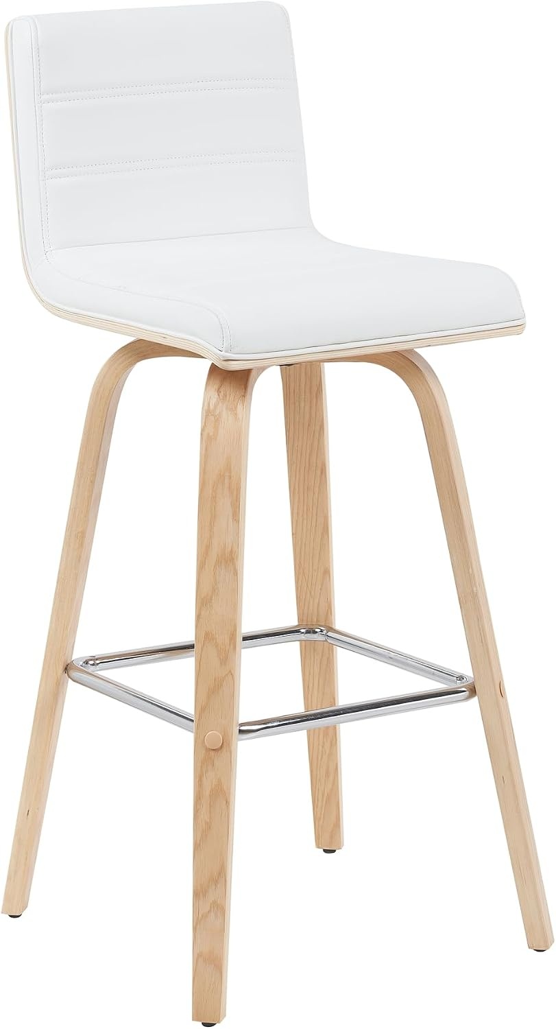 image:imageVienna Modern Swivel Bar Height Stool with Snow White Faux Leather Seat and Walnut Finished Wood Frame Set of 2White Faux LeatherOak