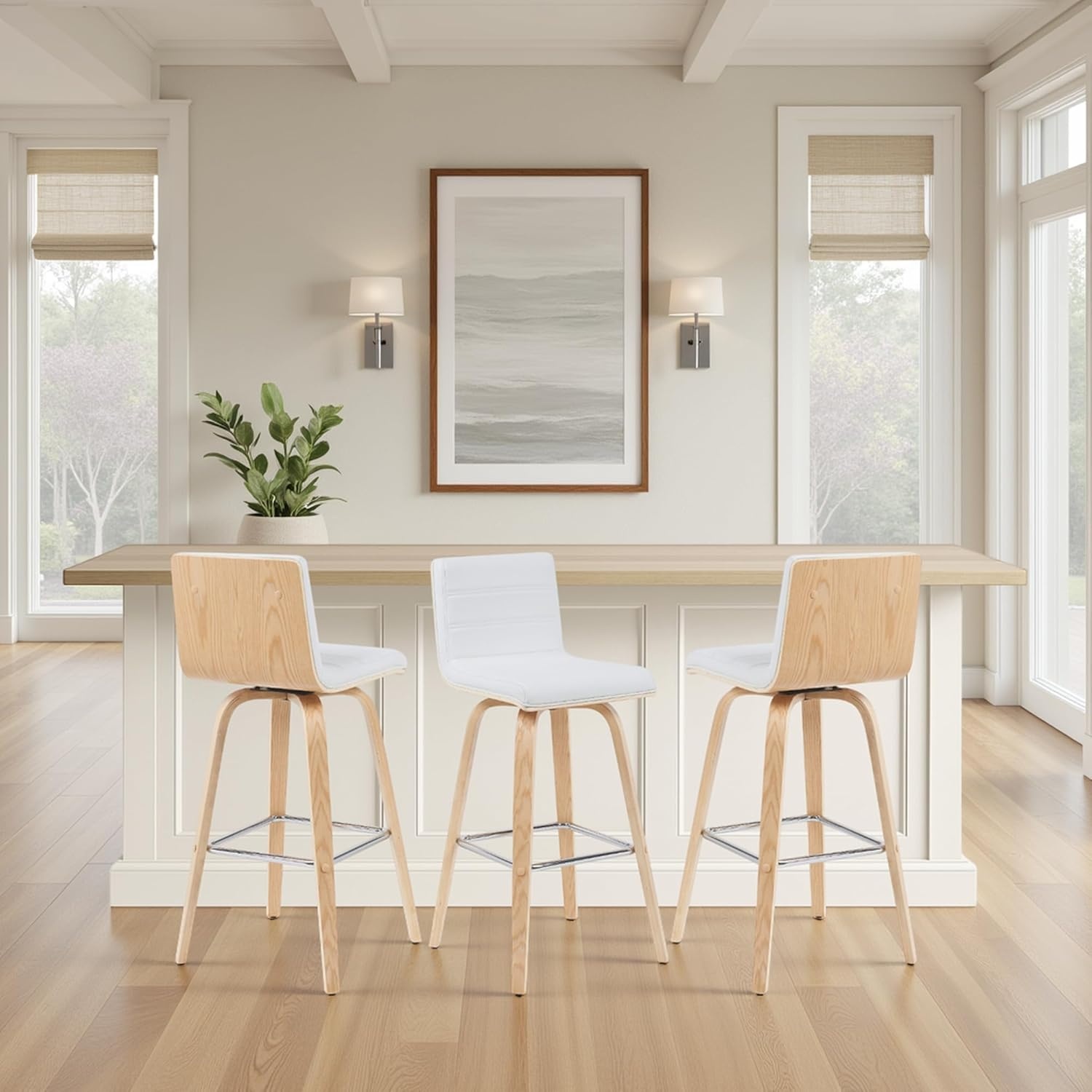 image:imageVienna Modern Swivel Bar Height Stool with Snow White Faux Leather Seat and Walnut Finished Wood Frame Set of 2White Faux LeatherOak
