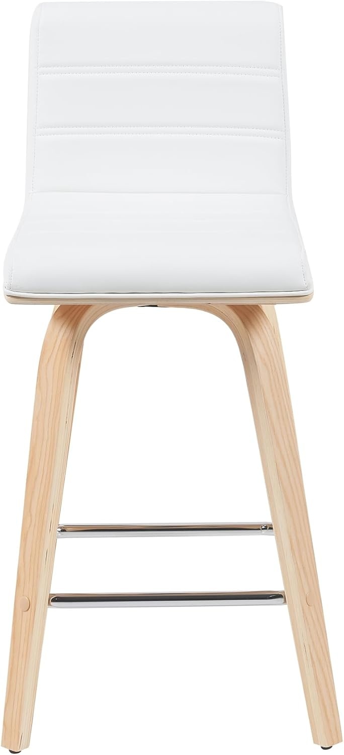 image:imageVienna Modern Swivel Bar Height Stool with Snow White Faux Leather Seat and Walnut Finished Wood Frame Set of 2White Faux LeatherOak