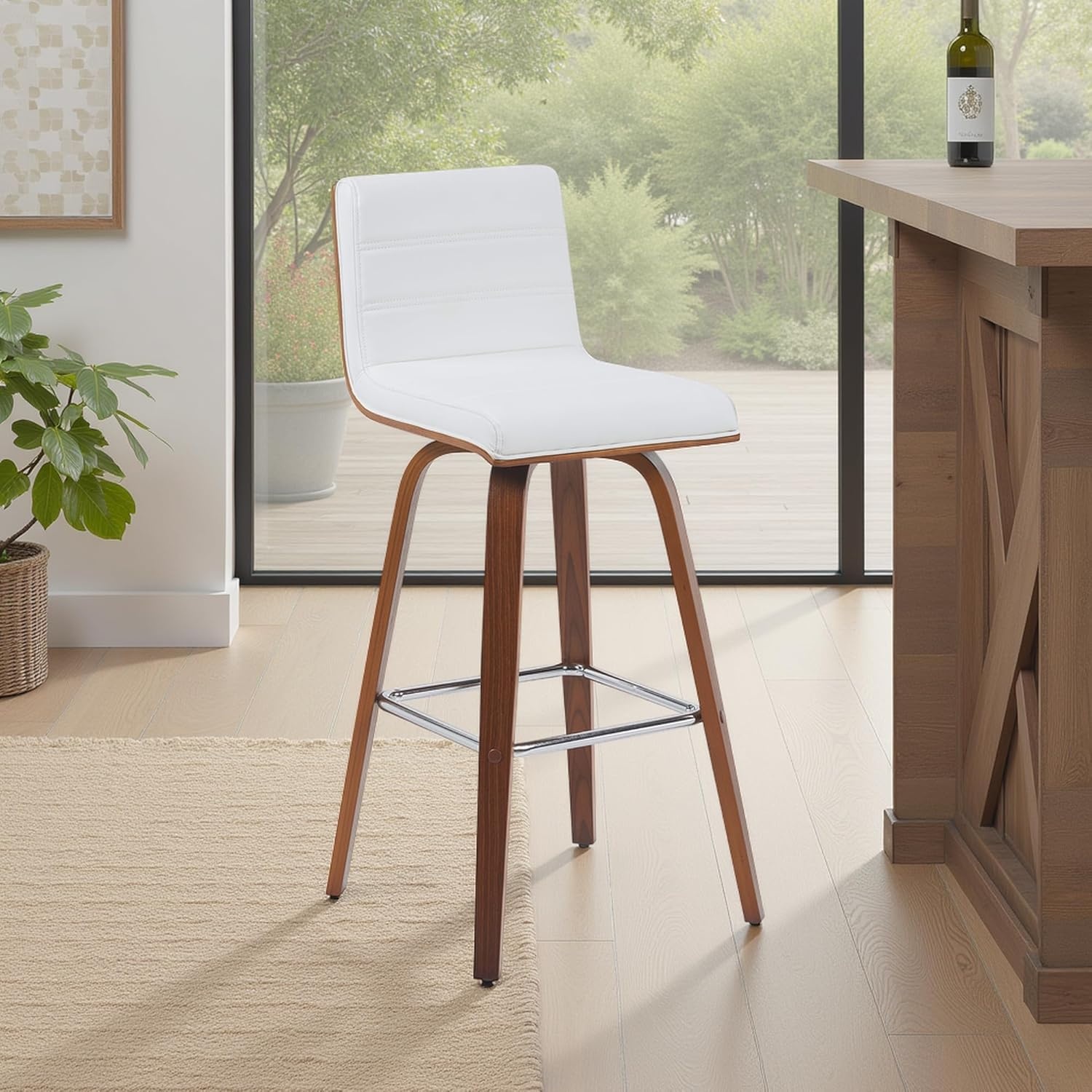 image:imageVienna Modern Swivel Bar Height Stool with Snow White Faux Leather Seat and Walnut Finished Wood Frame Set of 2White Faux LeatherWalnut