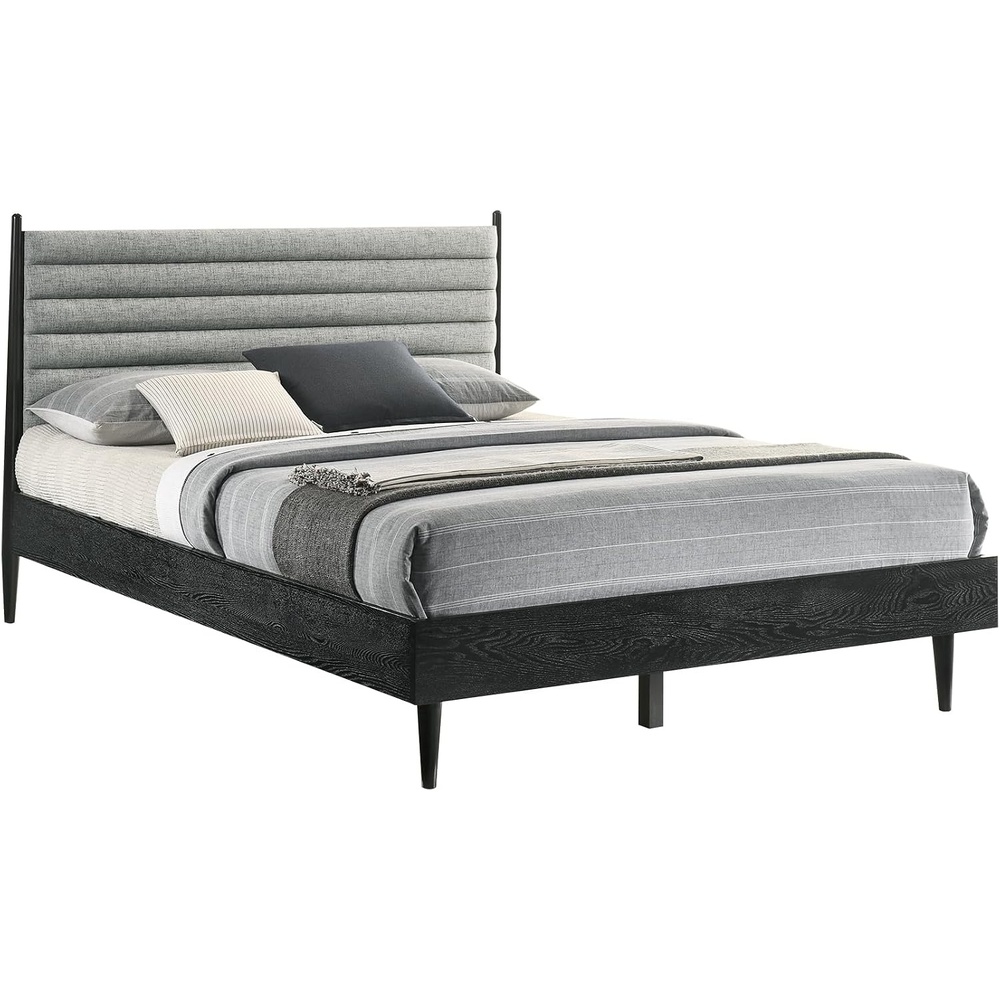 image:imageArmen Living Artemio Mid Century Modern King Platform Wood Bed Frame with Upholstered Fabric Headboard in Walnut FinishBlack