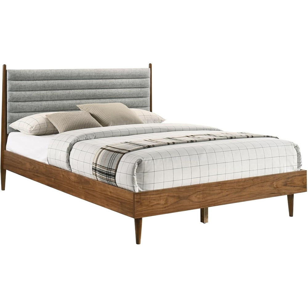 image:imageArmen Living Artemio Mid Century Modern King Platform Wood Bed Frame with Upholstered Fabric Headboard in Walnut FinishWalnut